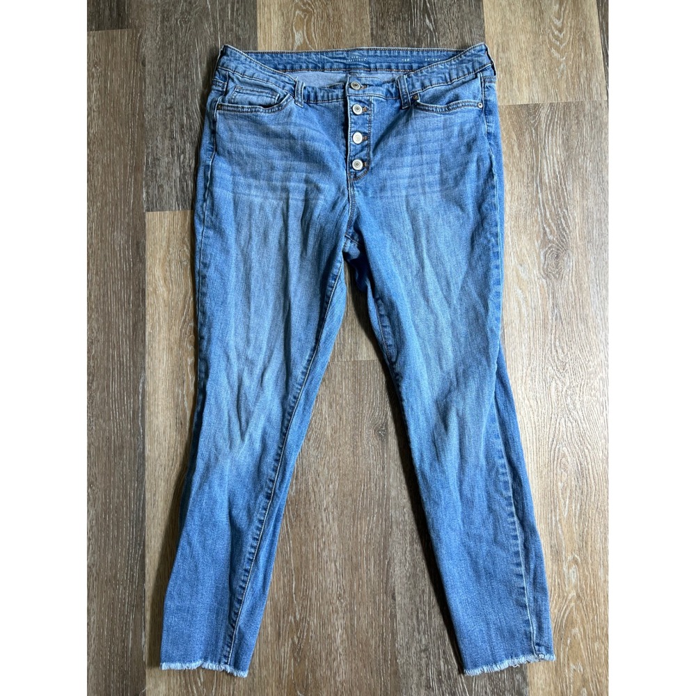 New Directions Skinny Jeans Womens 10R Blue Good Button Fly Raw‎ Hem Denim